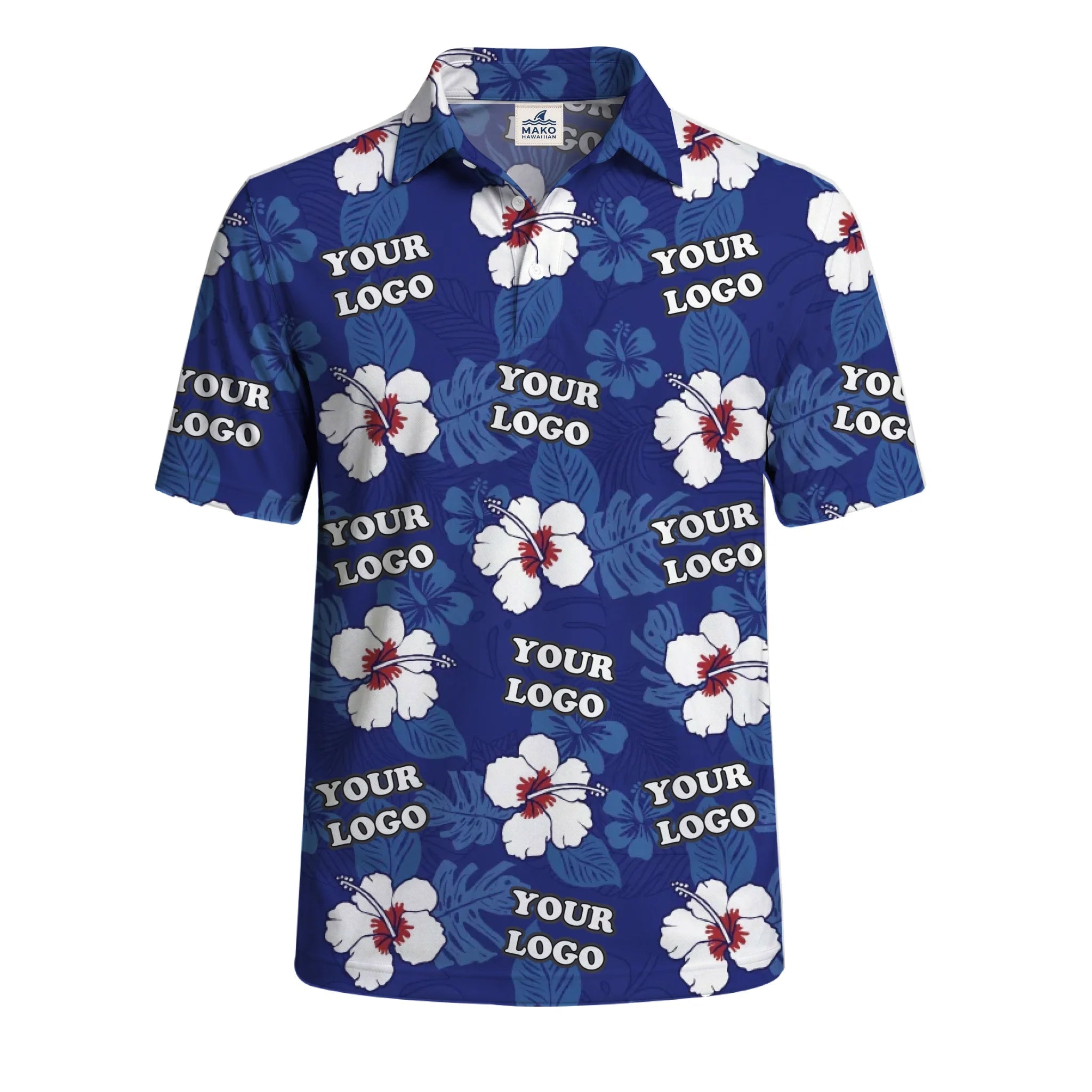 Tropical Navy Hibiscus White Polo Shirt For Men With Live Preview - Mako Hawaiian
