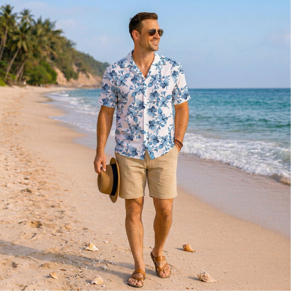 Vintage Blue Hibiscus White Hawaiian Shirt For Men