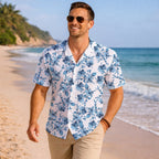 Vintage Blue Hibiscus White Hawaiian Shirt For Men