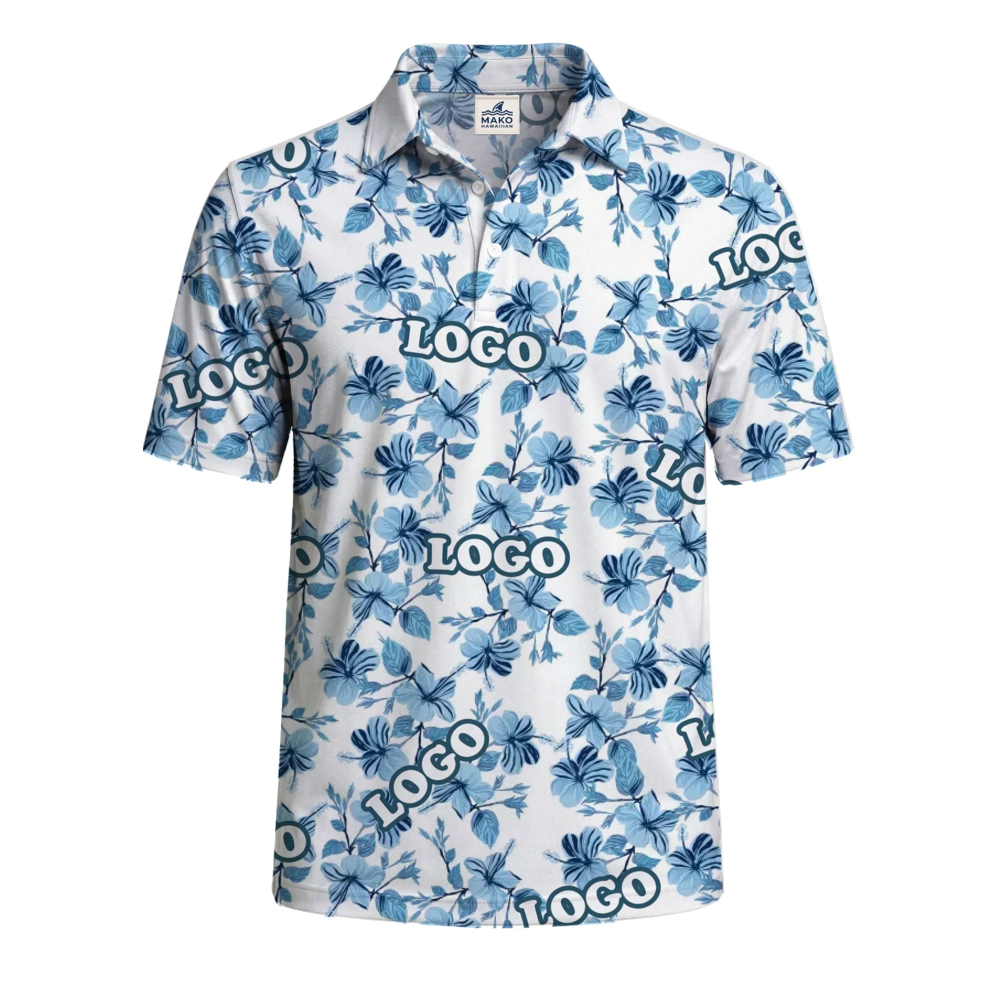 Vintage Blue Hibiscus White Polo Shirt For Men With Live Preview - Mako Hawaiian