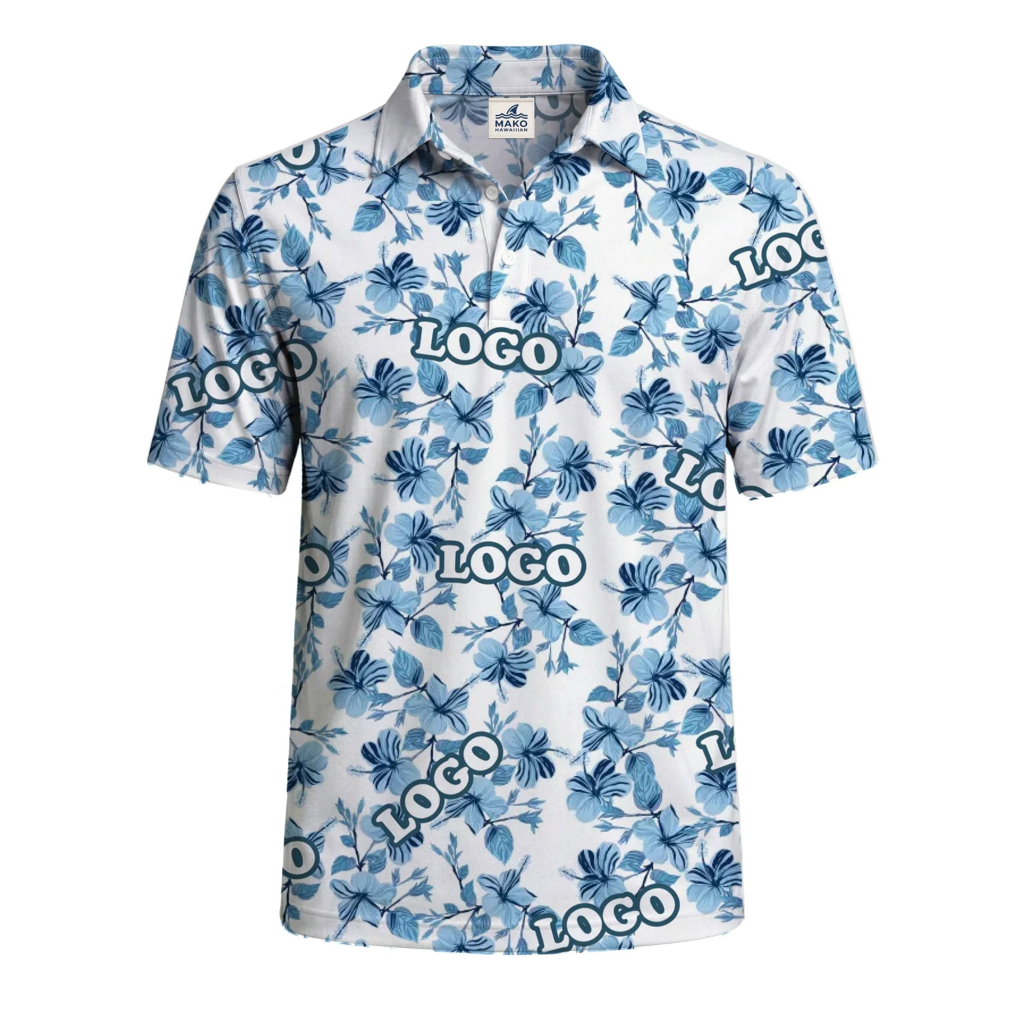 Vintage Blue Hibiscus White Polo Shirt For Men With Live Preview - Mako Hawaiian